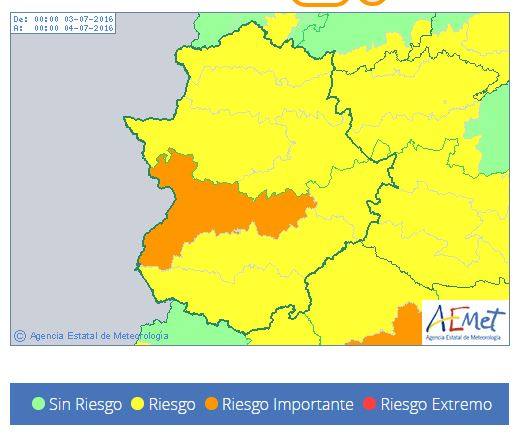 Mapa de avisos por temperaturas para mañana, domingo en Extremadura 