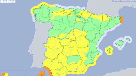 Mapa de avisos de la Aemet para este jueves 