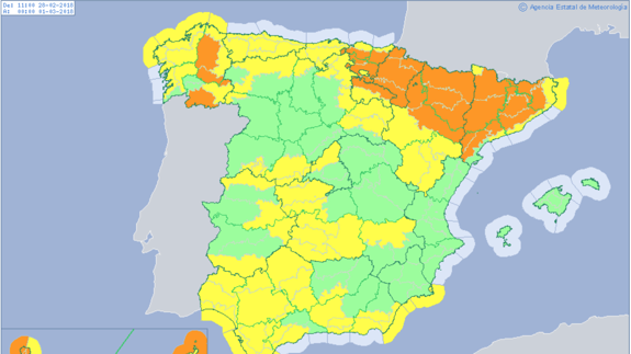 Mapa de avisos de al AEMET para hoy, miércoles 