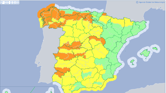 Mapa de avisos de la AEMET para mañana, miércoles 