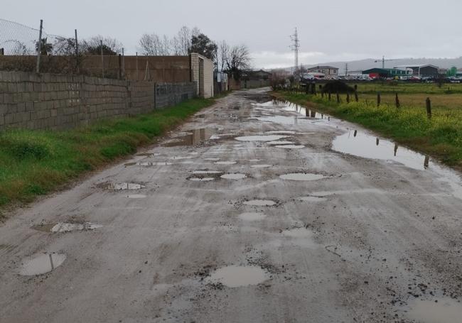 Colección de baches convertidos en charcos en la calle Romangordo