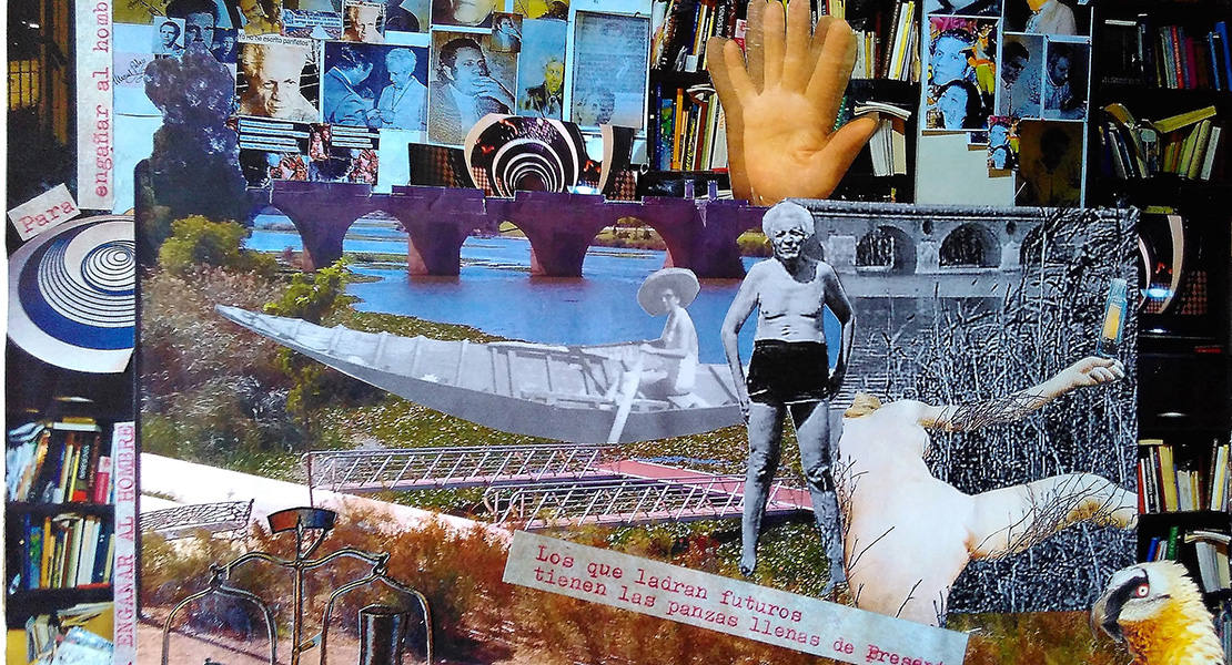 Imagen principal - Arriba, collage sobre Pacheco del artista plástico pacense Pedro de las Heras Salas. Abajo, a la izquierda, logotipo diseñado con el retrato del poeta oliventino realizado a plumilla por el pintor Vaquero Poblador. A la derecha, busto de Pacheco, obra de Luis Martínez Giraldo, para la popular rotonda de las 'Tres Cabezas' de Badajoz. 