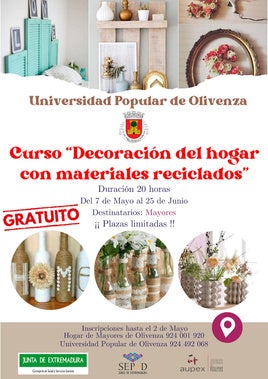 Abiertas las inscripciones para el curso 'Decoración del Hogar con Materiales Reciclados'