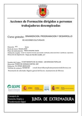 Abierto el plazo de inscripción para el curso 'Dinamización, Programación y Desarrollo de Acciones Culturales'