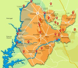 Mapa de los municipios que integran la Mancomunidad de Olivenza.