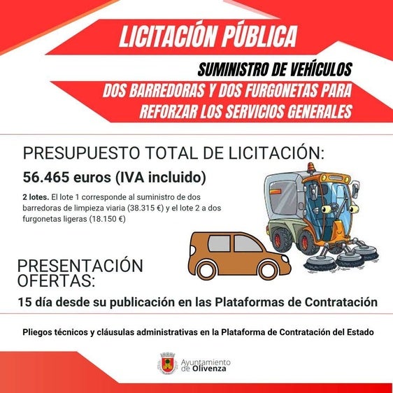 Olivenza licita la adquisición de dos barredoras y dos furgonetas para reforzar los Servicios Generales