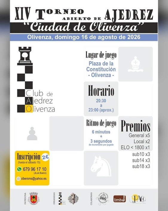 La ciudad celebrará el XIV Torneo Abierto de Ajedrez 'Ciudad de Olivenza'