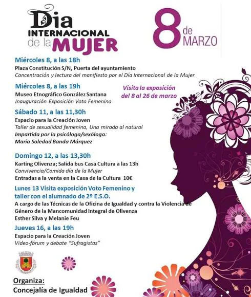 Cartel oficial de actos con motivo del Día Internacional de la Mujer en Olivenza. 