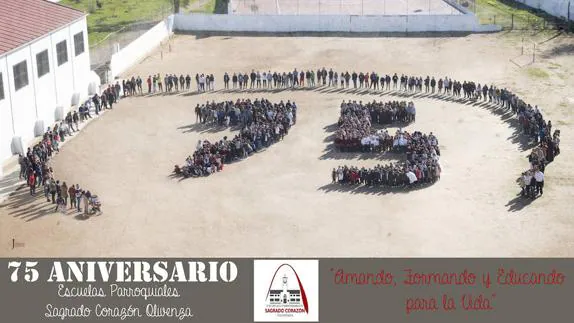 Cartel del 75º aniversario de las Escuelas Parroquiales del 'Sagrado Corazón' de Olivenza. 