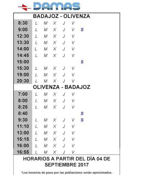 Horarios de Olivenza a Badajoz y de Badajoz a Olivenza. 