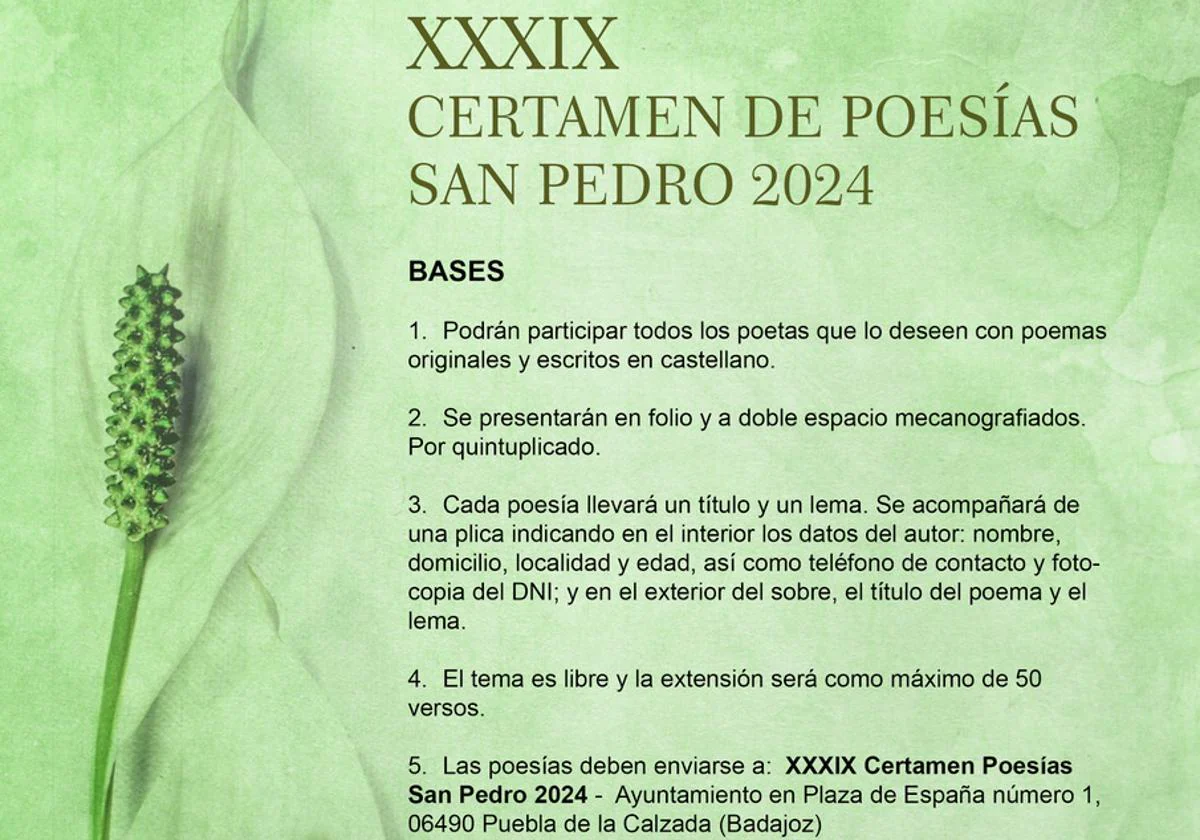 Convocado el XXXIX Certamen de Poesías 'San Pedro'