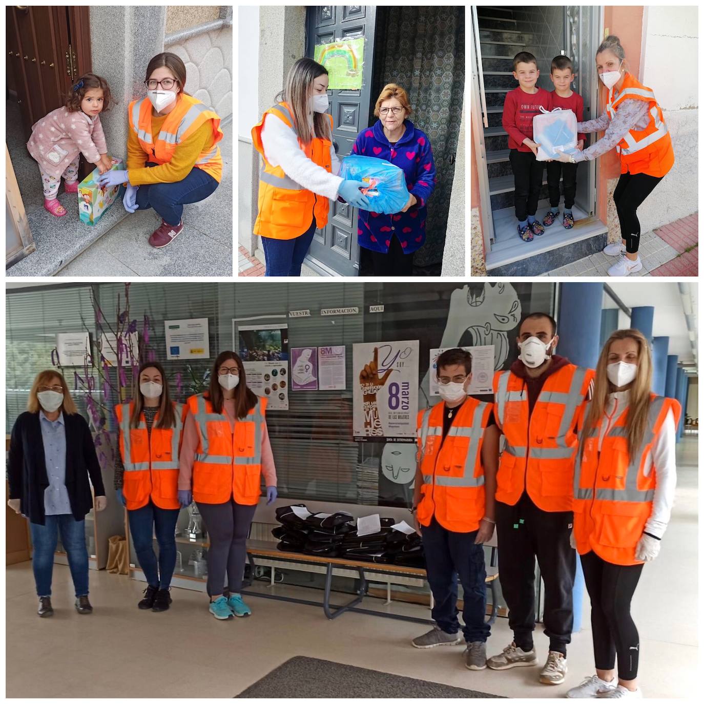 Los voluntarios que realizaron las entregas. Abajo, en el instituto con la directora 