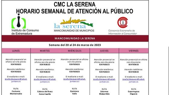 Horario semanal de Atención al público de CMC La Serena