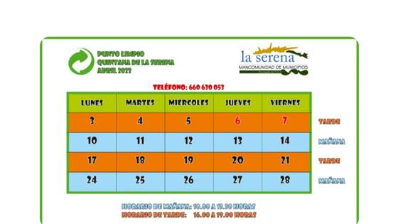 Horario del punto limpio para el mes de abril