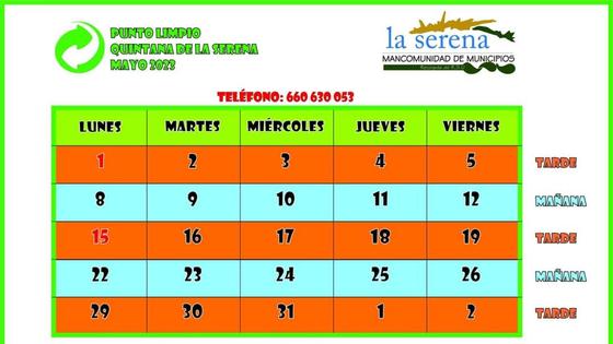 Horario del punto limpio para el mes de mayo