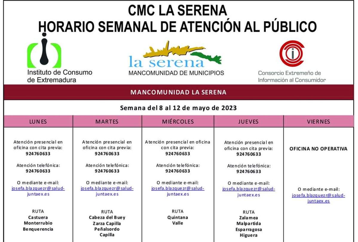 Horario semanal de Atención al público de CMC La Serena