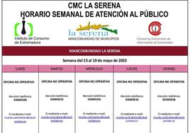 Horario semanal de Atención al público de CMC La Serena