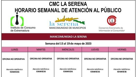 Horario semanal de Atención al público de CMC La Serena
