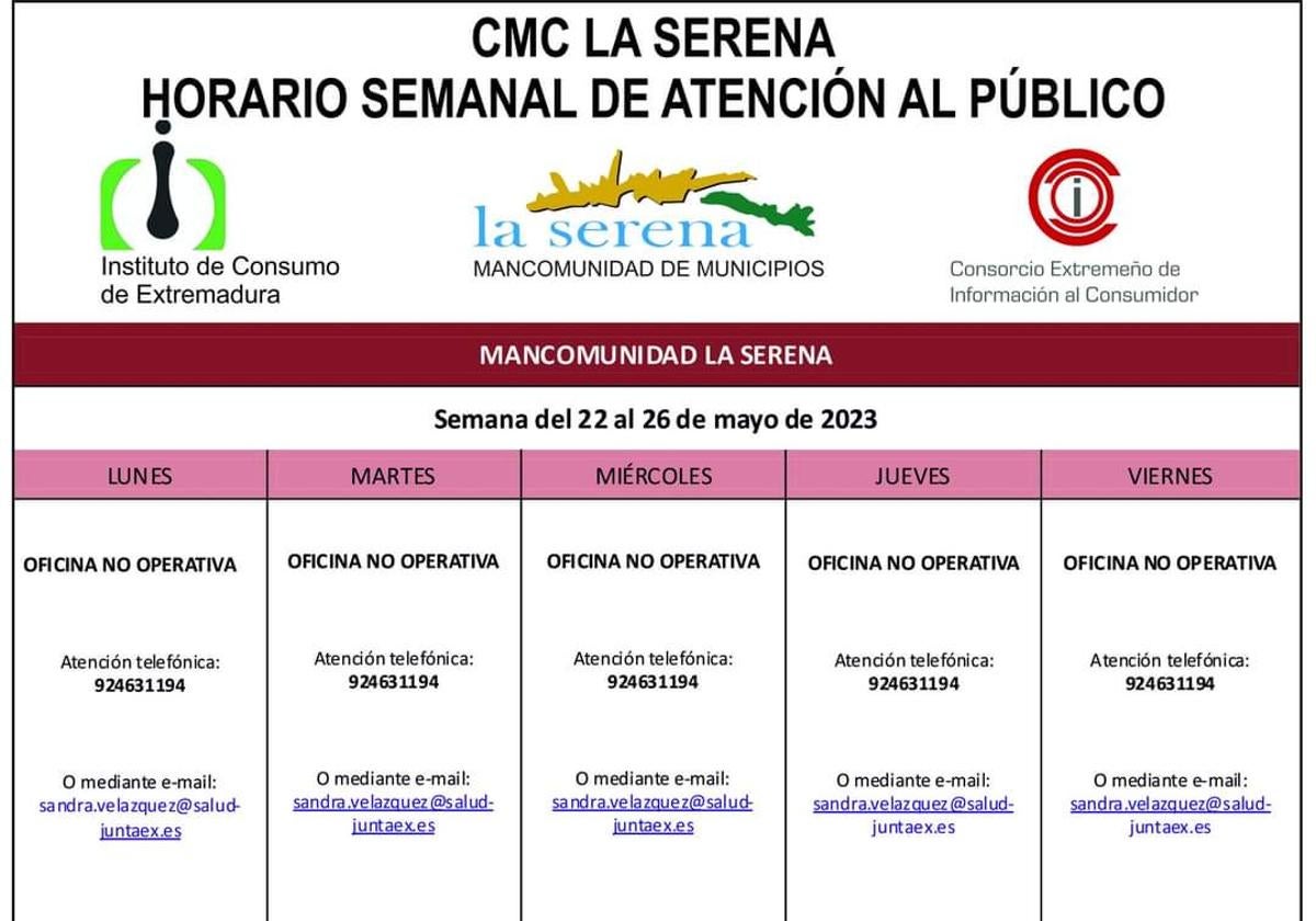 Horario semanal de Atención al público de CMC La Serena