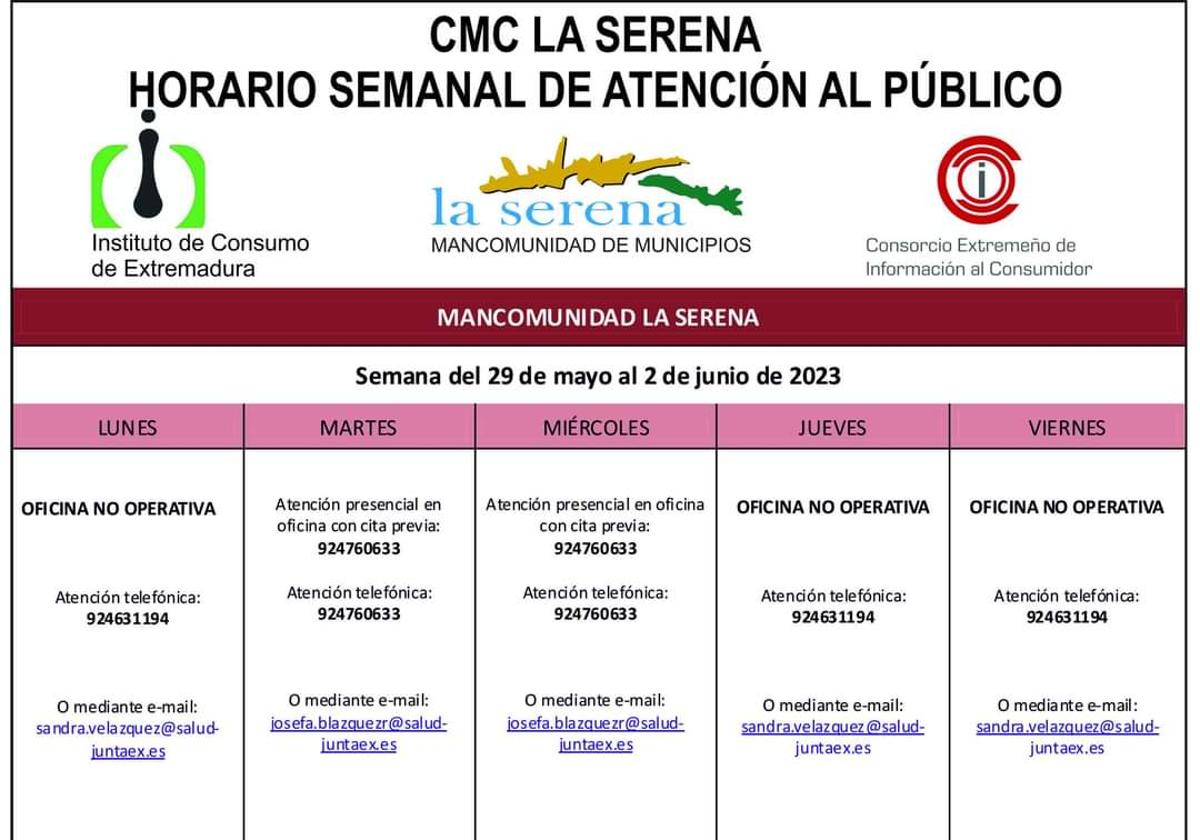 Horario semanal de Atención al público de CMC La Serena