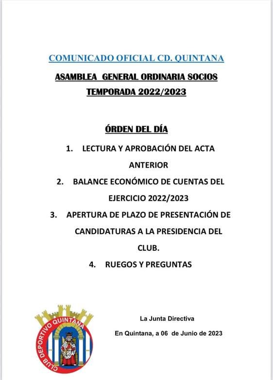 Asamblea general ordinaria de la Sociedad del CD Quintana
