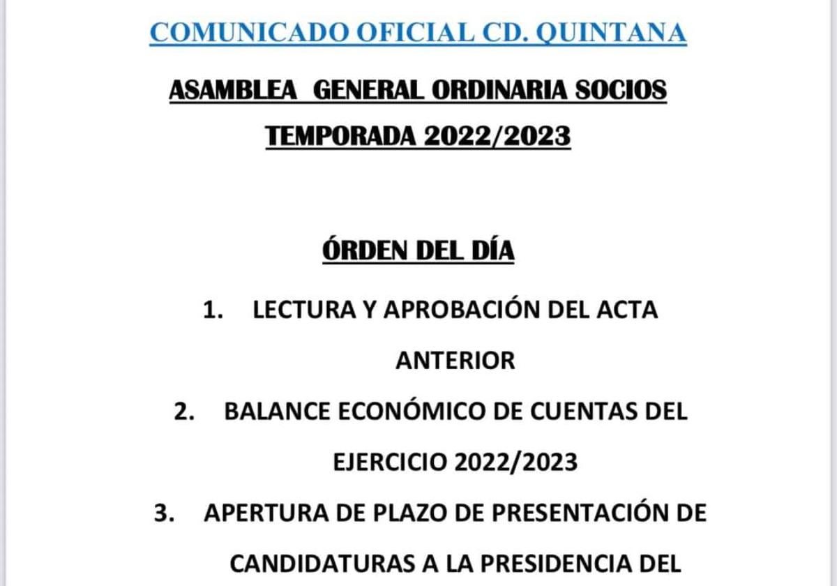 Asamblea general ordinaria de la Sociedad del CD Quintana