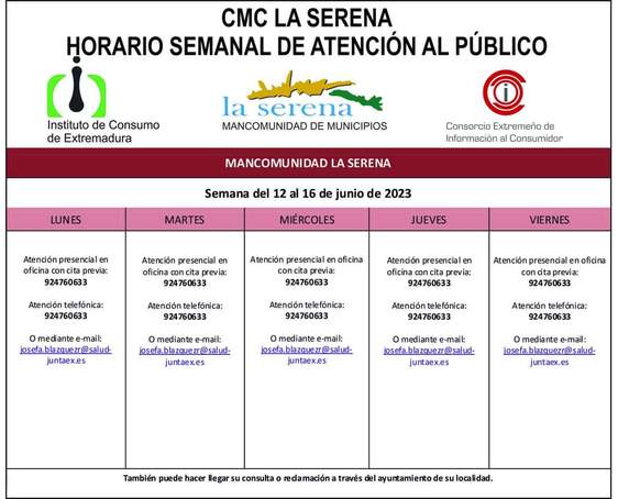 Horario semanal de Atención al público de CMC La Serena
