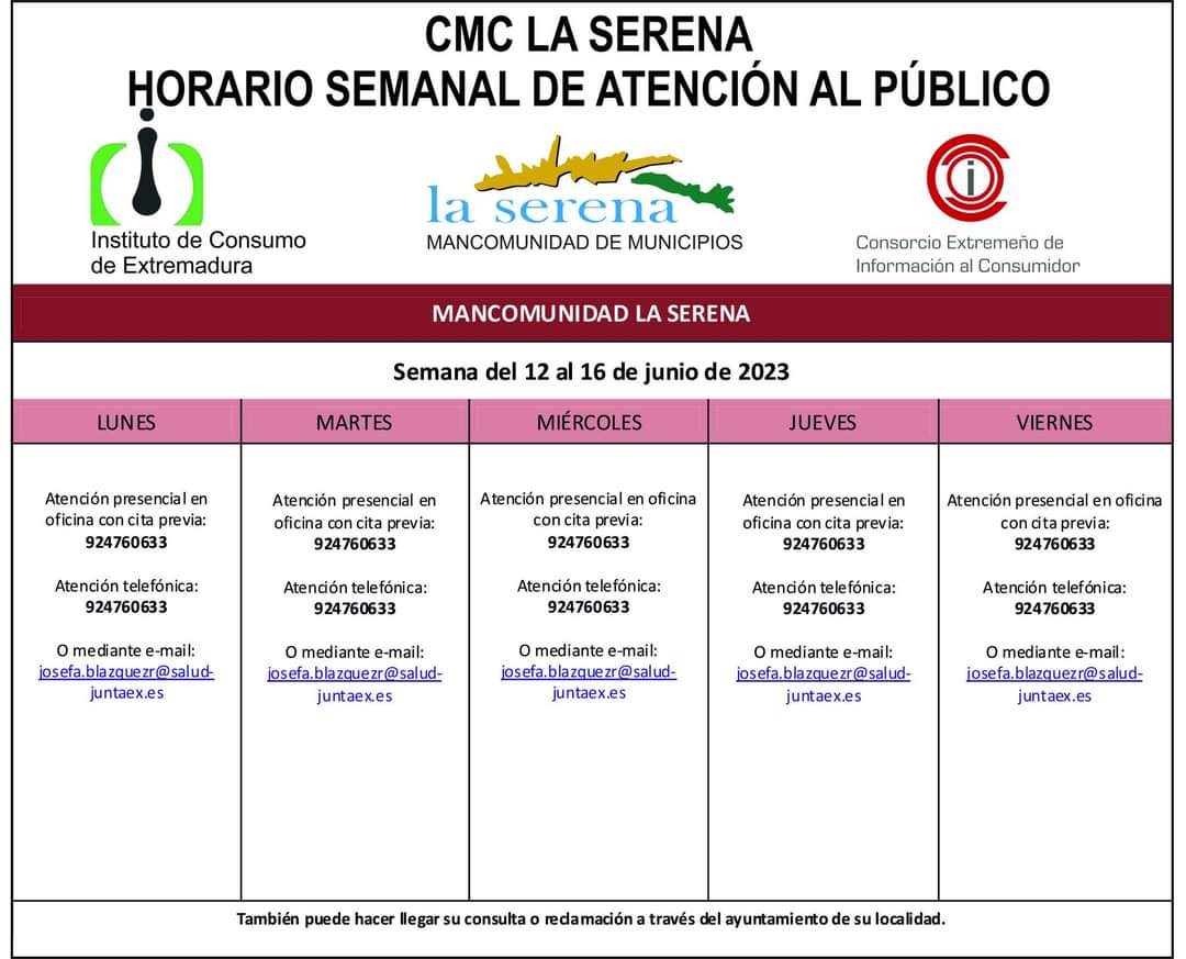 Horario semanal de Atención al público de CMC La Serena