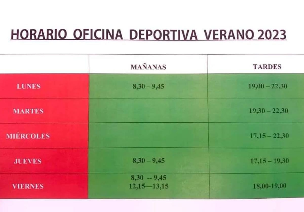 Publicado el horario de la oficina deportiva durante el verano