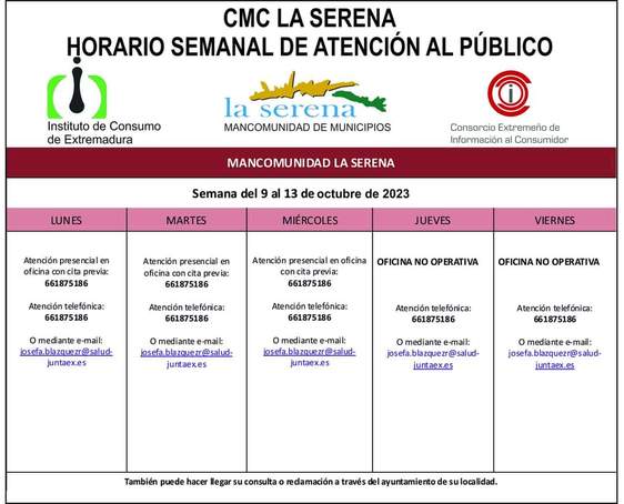 Horario semanal de Atención al público de CMC La Serena