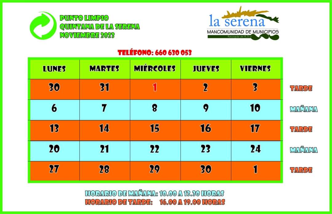 Horario del punto limpio para el mes de noviembre