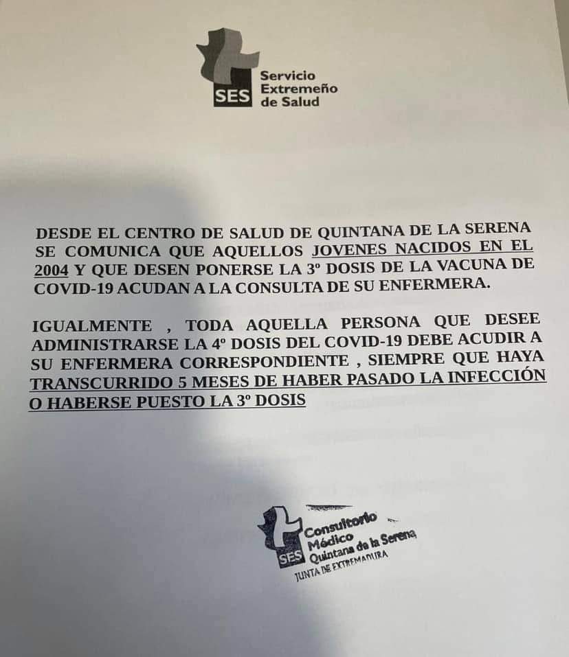 El Centro de Salud de Quintana comunica que los nacidos en el 2004 pueden vacunarse de la 3ª dosis