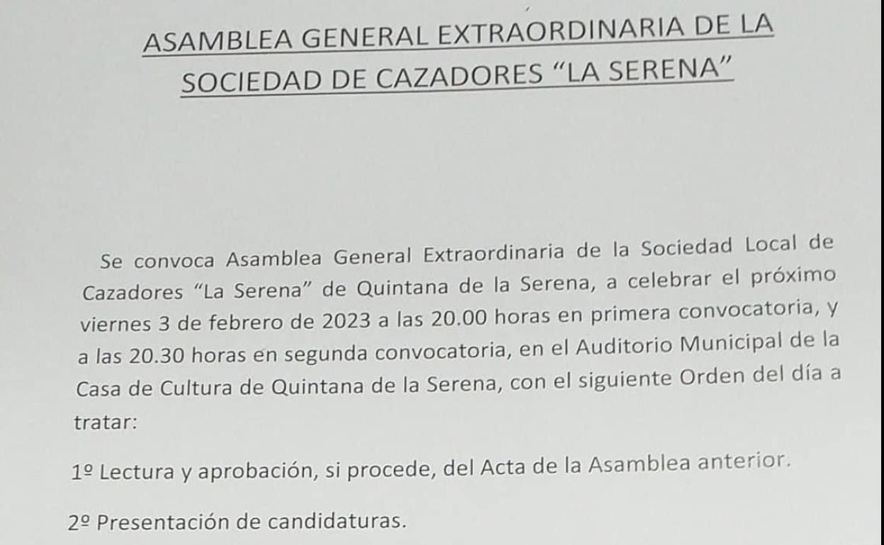 Asamblea general extraordinaria de la Sociedad de cazadores «La Serena»