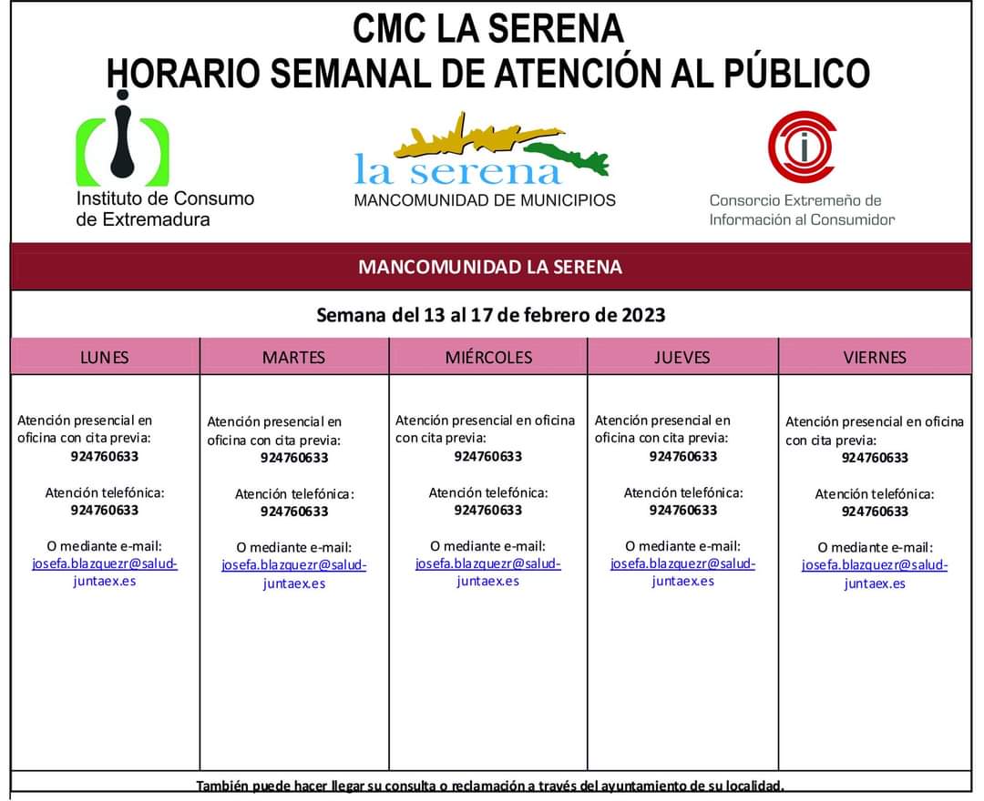 Horario semanal de Atención al público de CMC La Serena