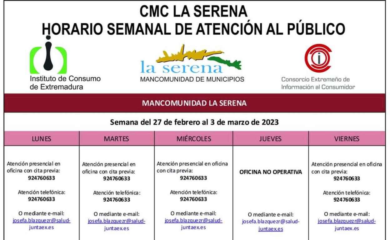 Horario semanal de Atención al público de CMC La Serena