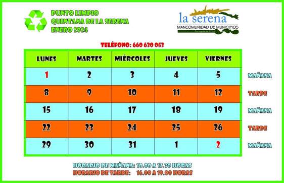 Horario del punto limpio para el mes de enero