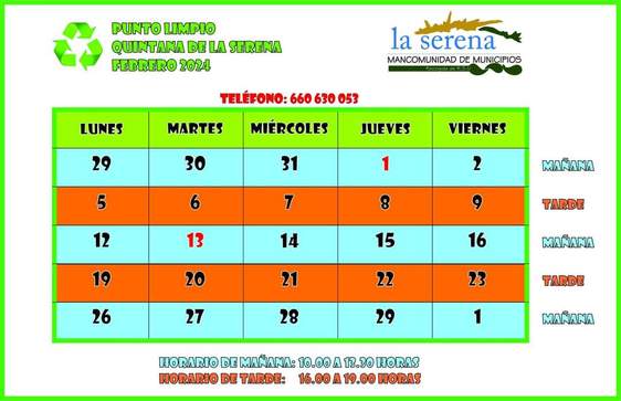 Horario del punto limpio para el mes de febrero