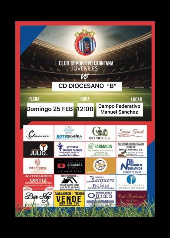 El CD Quintana Juvenil visita al CD Diocesano 'B' con el objetivo de mantener el liderato
