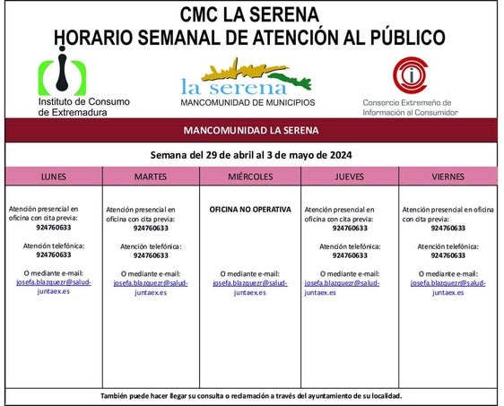 Horario semanal de Atención al público de CMC La Serena
