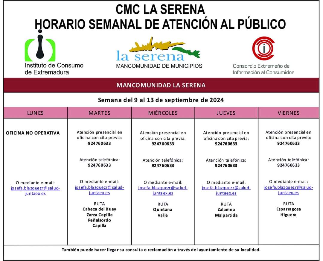 Horario semanal de Atención al público de CMC La Serena