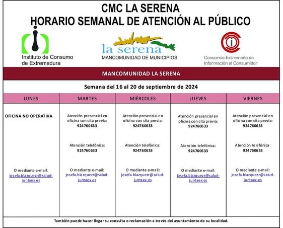 Horario semanal de Atención al público de CMC La Serena