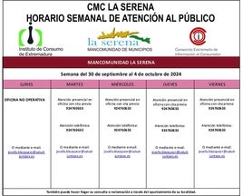 Horario semanal de Atención al público de CMC La Serena