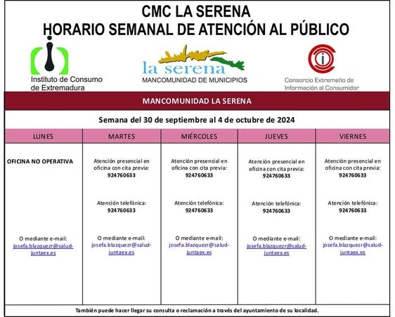 Horario semanal de Atención al público de CMC La Serena