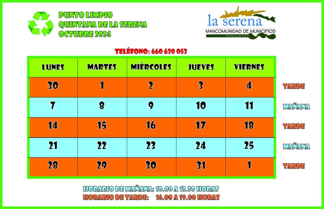 Horario del punto limpio para el mes de octubre