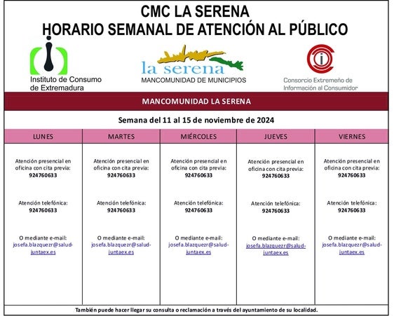 Horario semanal de Atención al público de CMC La Serena