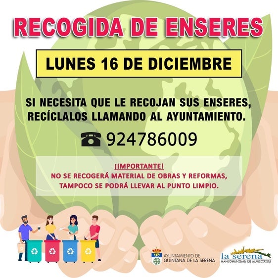 Nuevo servicio de recogida de enseres en la localidad el lunes, 16 de diciembre
