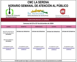 Horario semanal de Atención al público de CMC La Serena