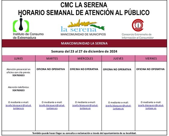 Horario semanal de Atención al público de CMC La Serena