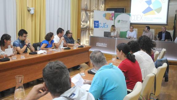 Encuentro de 16 jóvenes integrantes de la Comunidad de Experiencias en la Asamblea de Extremadura.