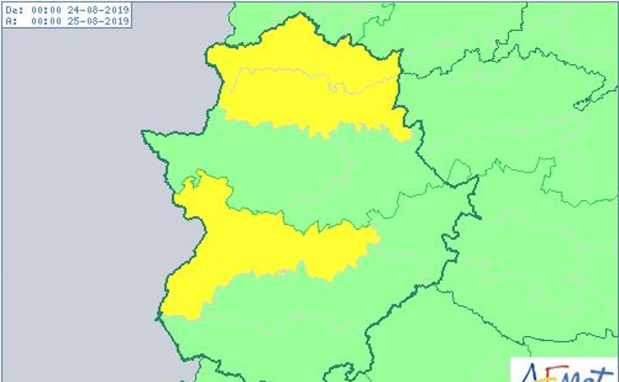 Mapa de la región con las zonas en aviso amarillo para este sábado por altas temperaturas